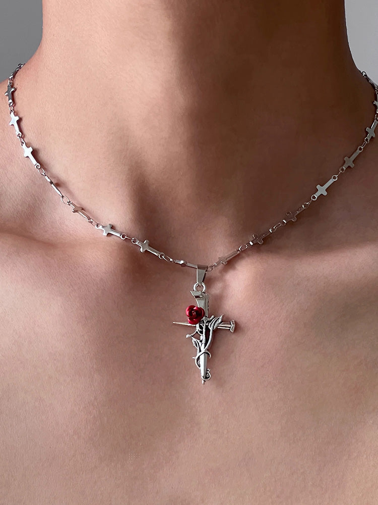 Cross And Rose Necklace