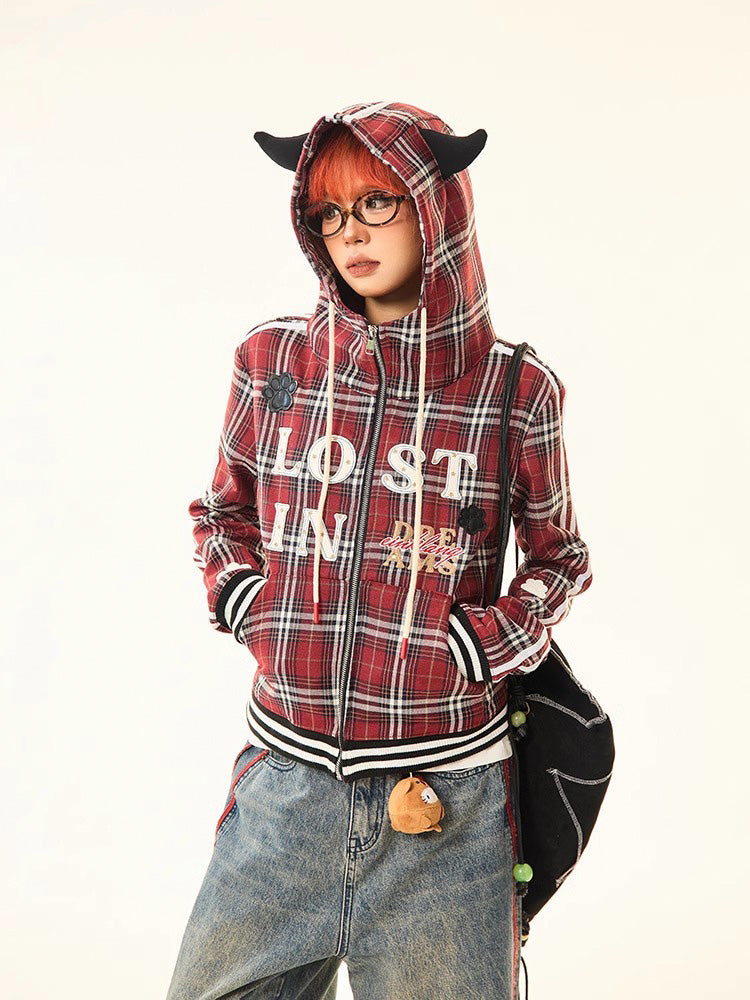 Red Plaid Zip Up Hoodie