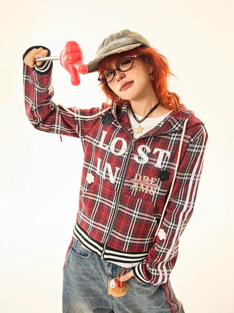 Red Plaid Zip Up Hoodie