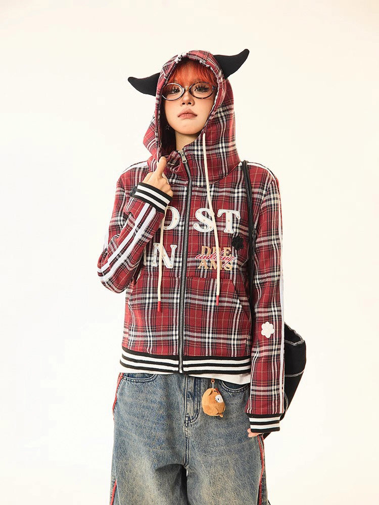Red Plaid Zip Up Hoodie