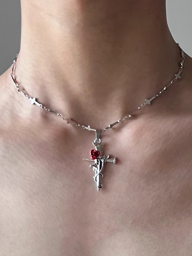 Cross And Rose Necklace