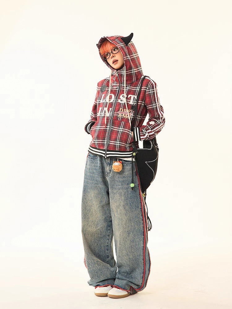 Red Plaid Zip Up Hoodie