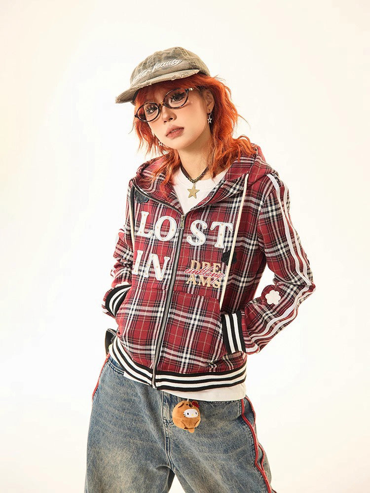 Red Plaid Zip Up Hoodie