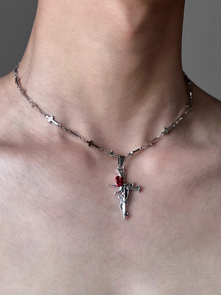 Cross And Rose Necklace
