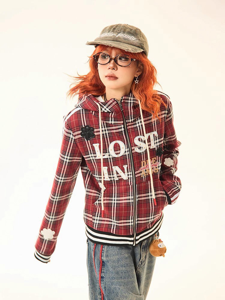 Red Plaid Zip Up Hoodie