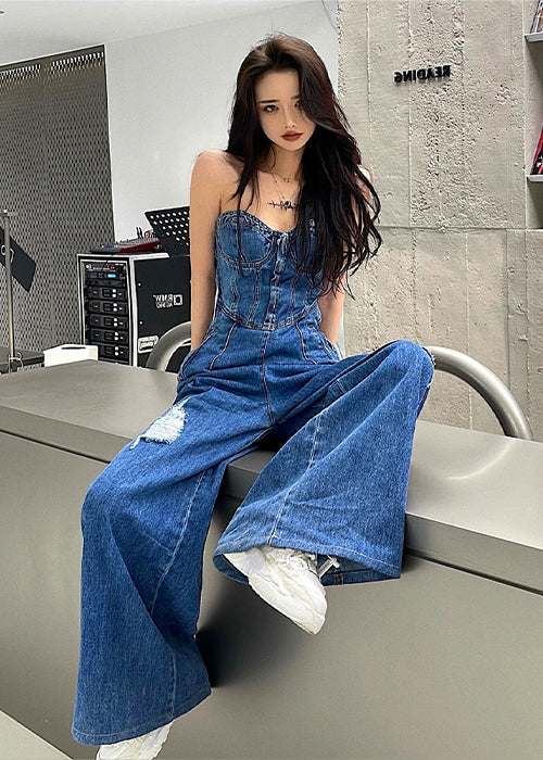 Jumpsuits, Denim Wide Leg Dungaree, Warehouse