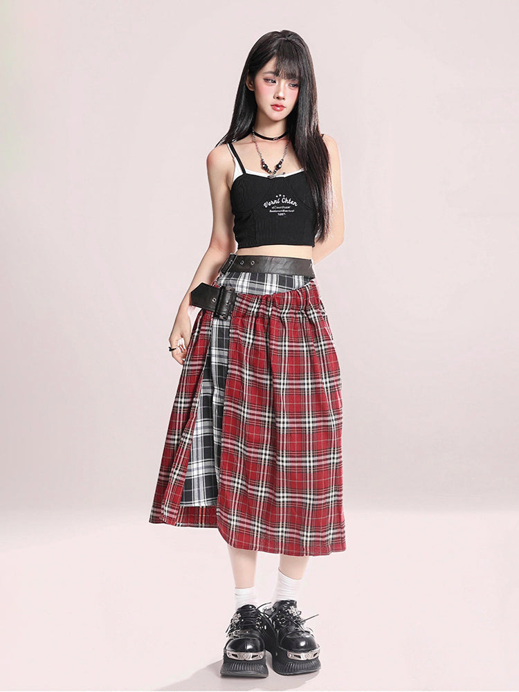 Red Long Checkered Skirt
