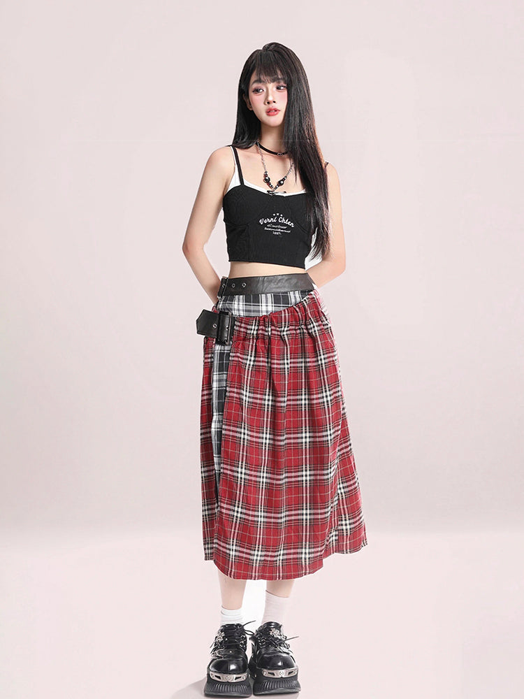 Red Long Checkered Skirt