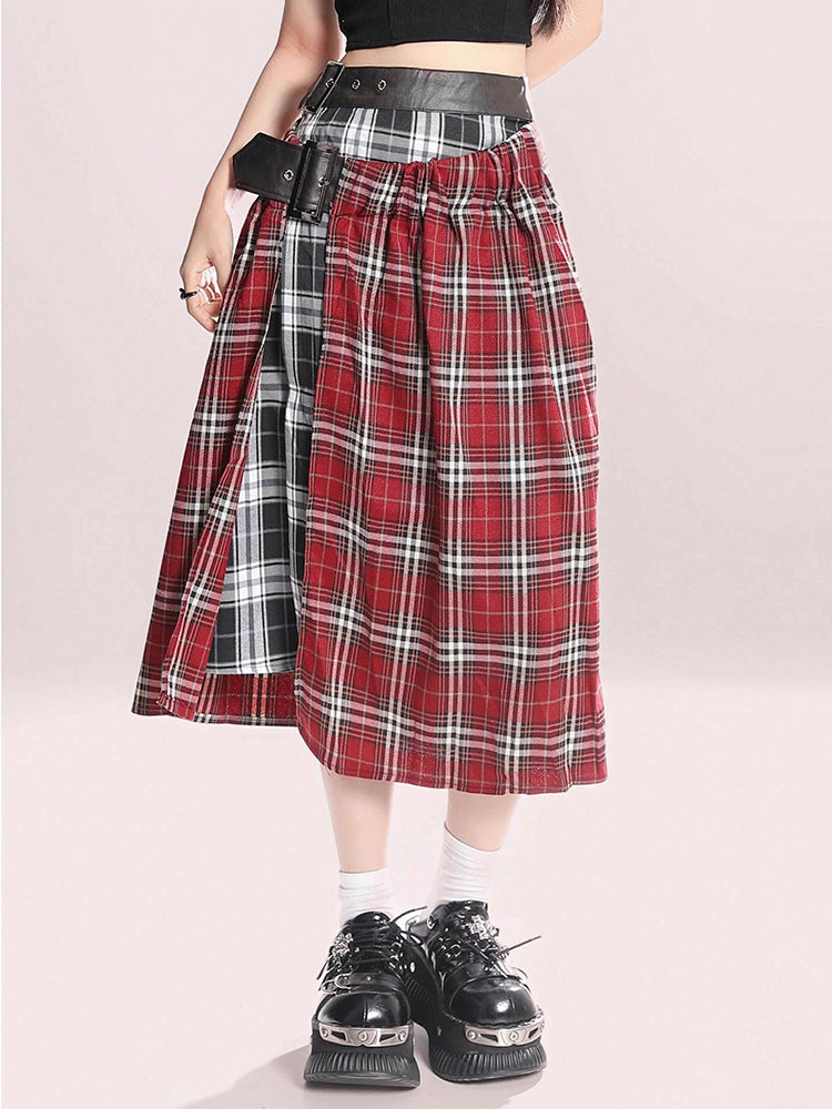 Red Long Checkered Skirt