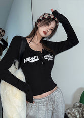 Y2K Long Sleeve Ribbed Knit Crop Top