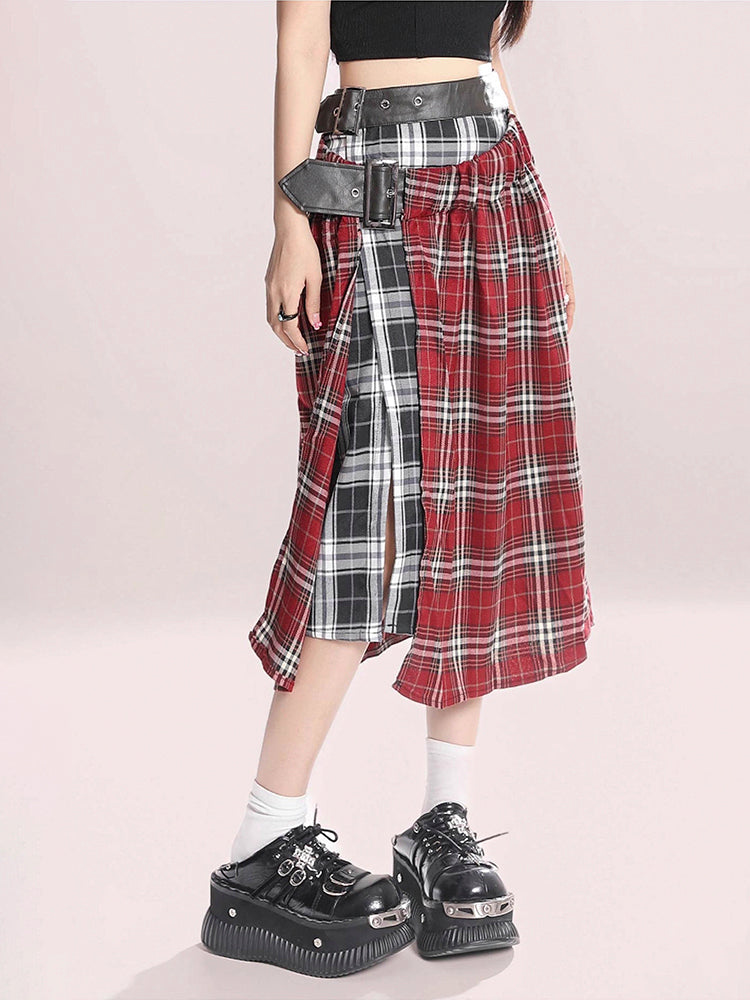 Red Long Checkered Skirt